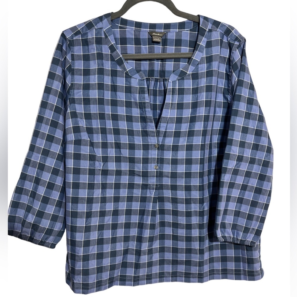 Eddie Bower Women’s Large plaid light/dark blue 3/4 sleeve blouse